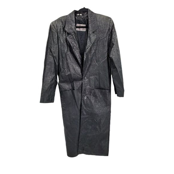 Vtg 80's Leather Trench Coat Rare Rocker Punk Tire Track Embossed Black Sz S - Picture 7 of 16